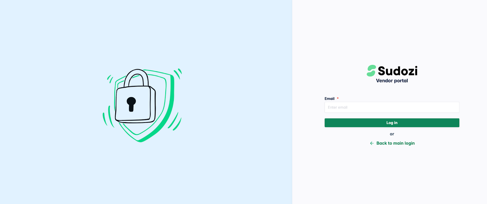 Screenshot of the Sudozi Vendor portal login screen, featuring an email input field and an illustration of a secure padlock and shield.